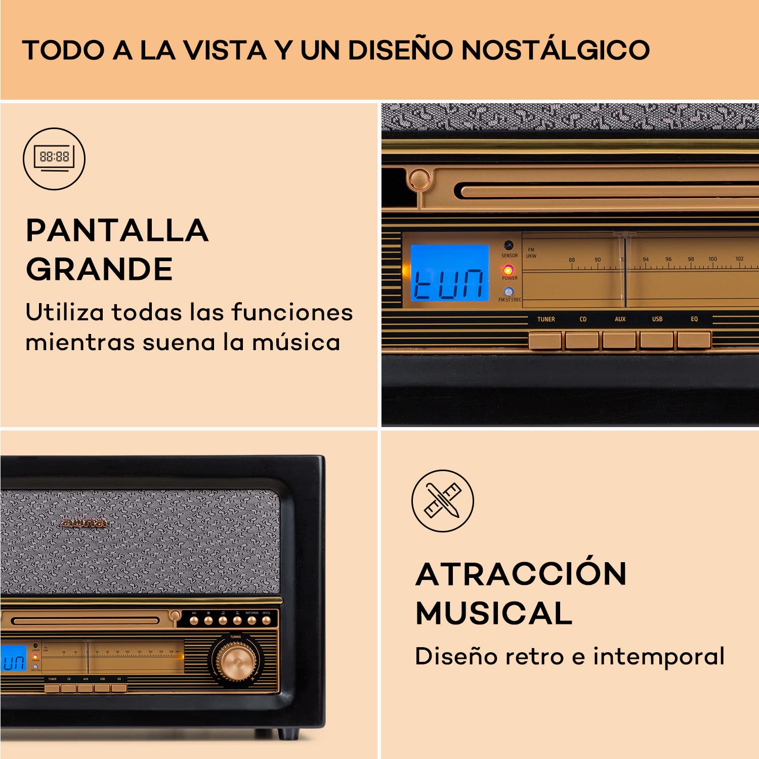 Auna Radio CD, Diseño Retro FM Radio con Sonido Estéreo y AUX, Portatil Madera Altavoces Integrados, Pantalla LC Mando Distancia, Transistores con USB y Entrada MP3 y Auriculares