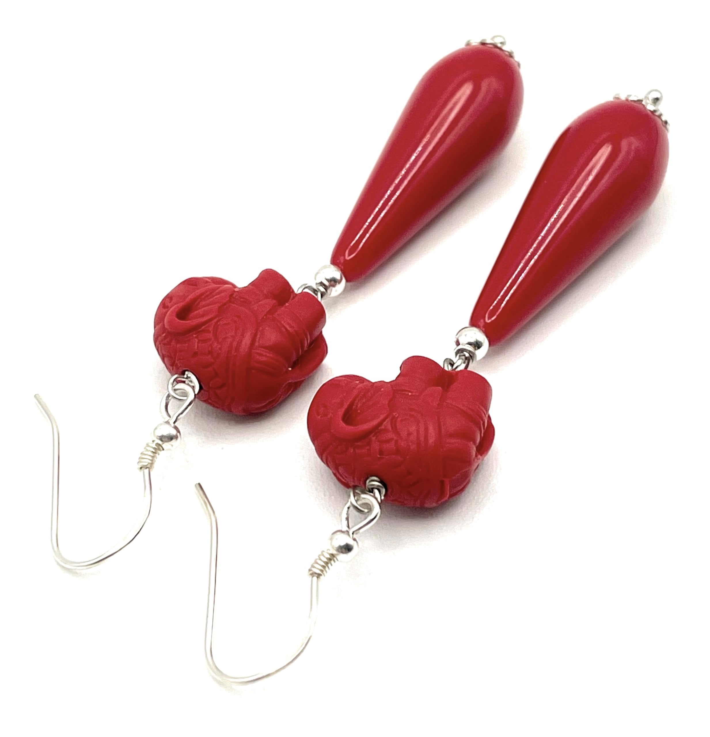Orecchini con Elefanti in Lacca e Gocce Rosse, Pendenti in Argento 925, Gioielli Orientali, Bijoux Moderni, Regalo per Lei