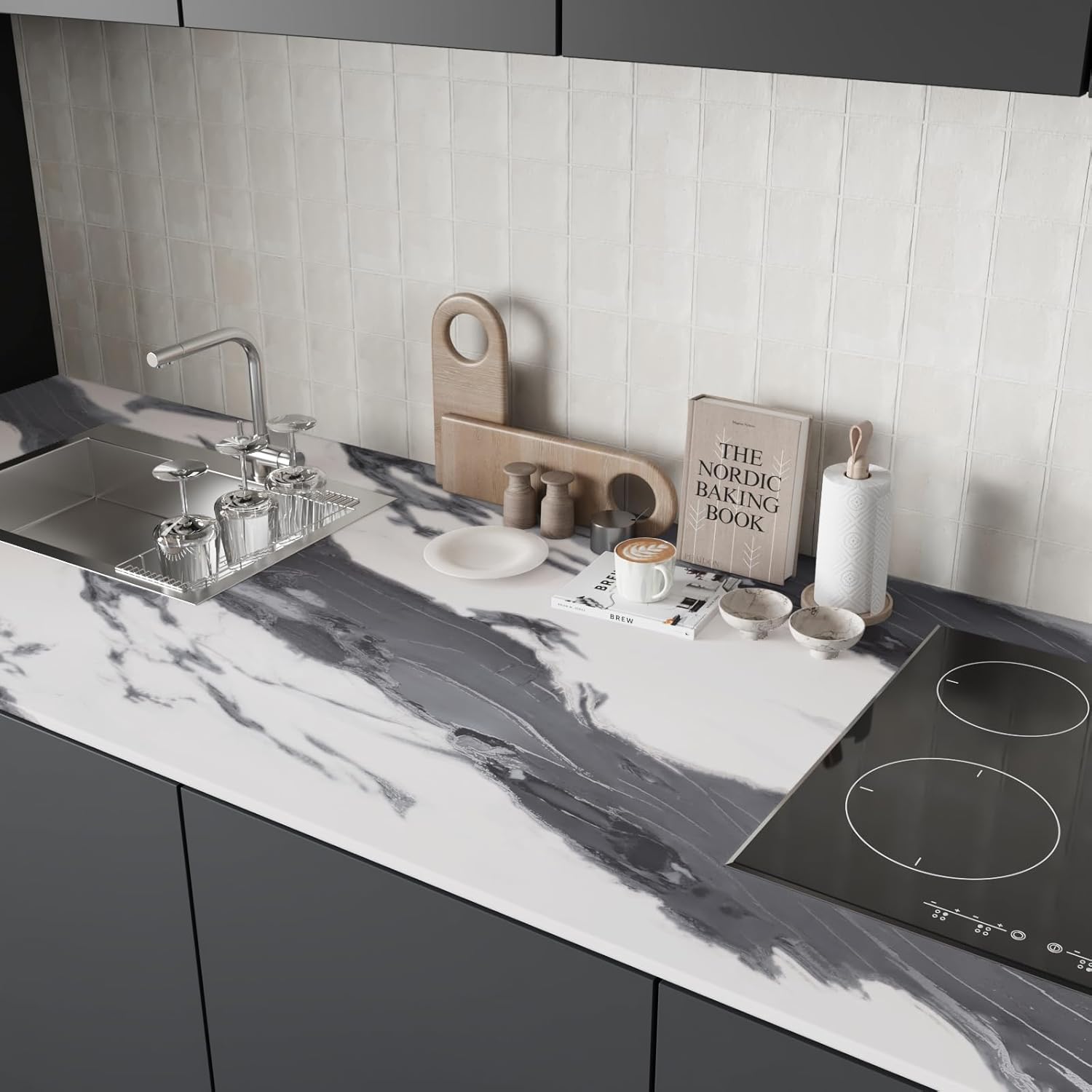 CRE8TIVE Silver Grey White Marble Contact Paper 12"x354" Liquid Marble Peel and Stick Wallpaper for Kitchen Countertops Waterproof Self Adhesive Renter Friendly Vinyl Wrap for Bathroom Cabinets Walls