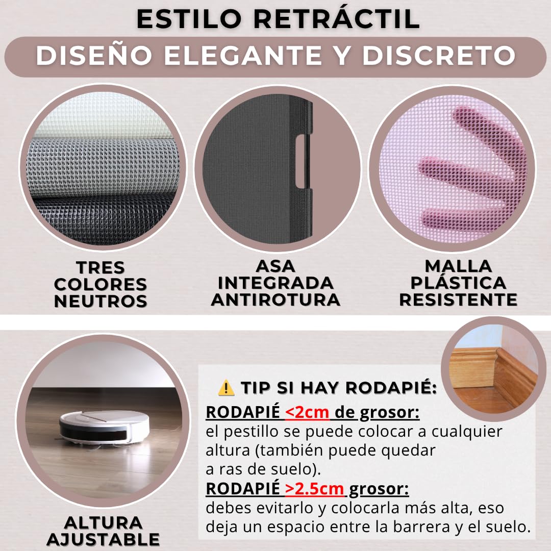 Puerta Retráctil Seguridad Adhesivos o Tornillos -140cm- Barrera Extensible Bebés y Perros - Sin Taladrar. Sin Agujeros - Apta en Escaleras, Puertas, Pasillos (140CM-BLANCO)