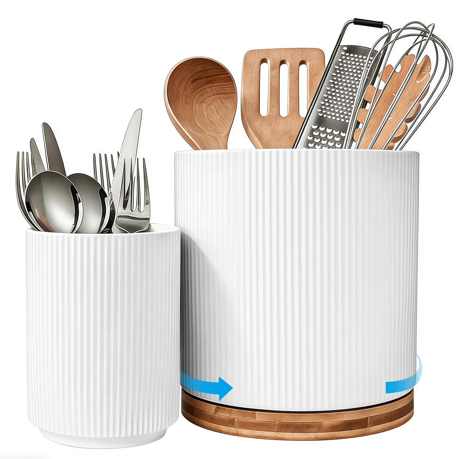Chungg White Kitchen Utensil Holder, Cutlery Spoon Storage Pot Kitchen Countertop Utensils Organisation, Ceramic Relief Glazing Process Suitable For Dishwashers, Equipped With A Rotating Base ( 2 Pcs )