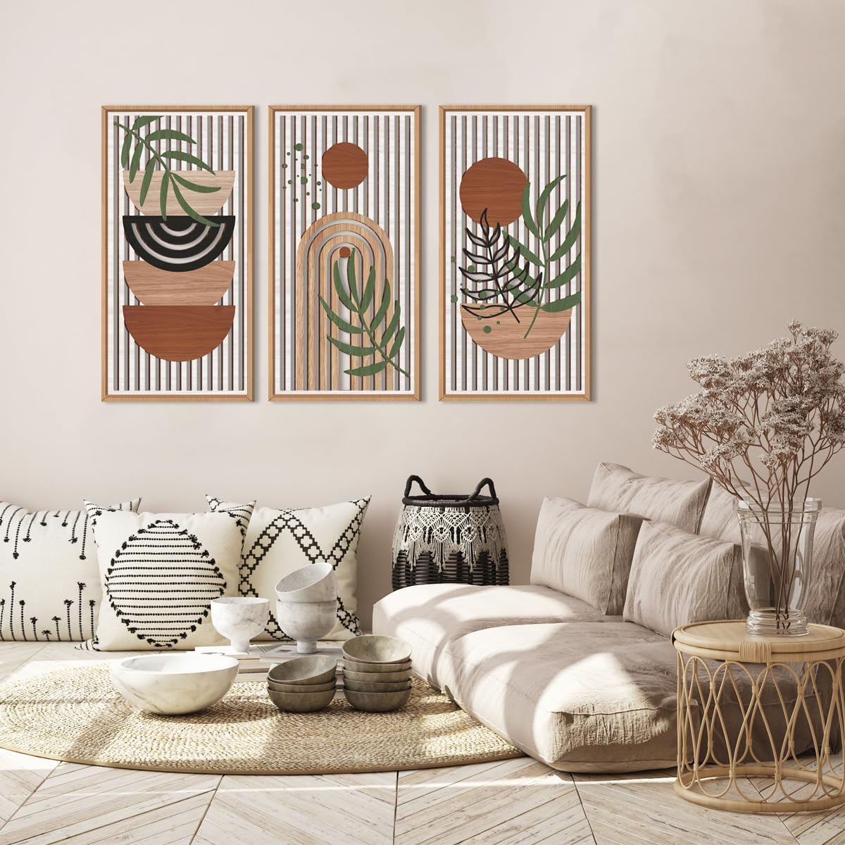 iarttop large boho wood wall art framed 16x32 inch mid century modern wooden wall decor abstract bohemian minimalist art decor for bedroom living room office set of 3 16 x 32 inches brown mid-century