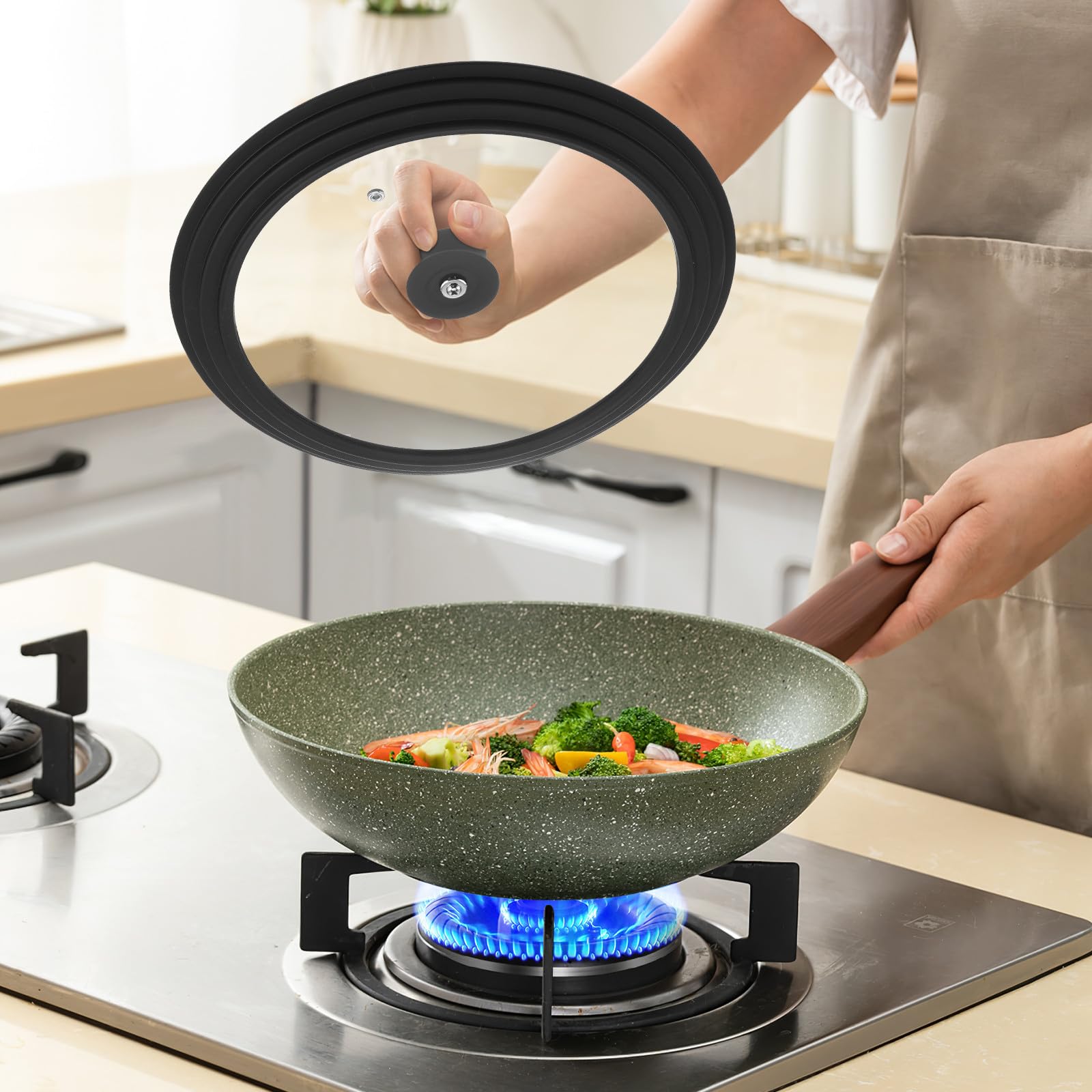 UPKOCH Coperchio in Vetro Temperato e Silicone Nero per Pentola e Padella, Design Rotondo Facile da Pulire, Mantiene Sapore Originale, Adatto per Pentole da 22-26 Cm