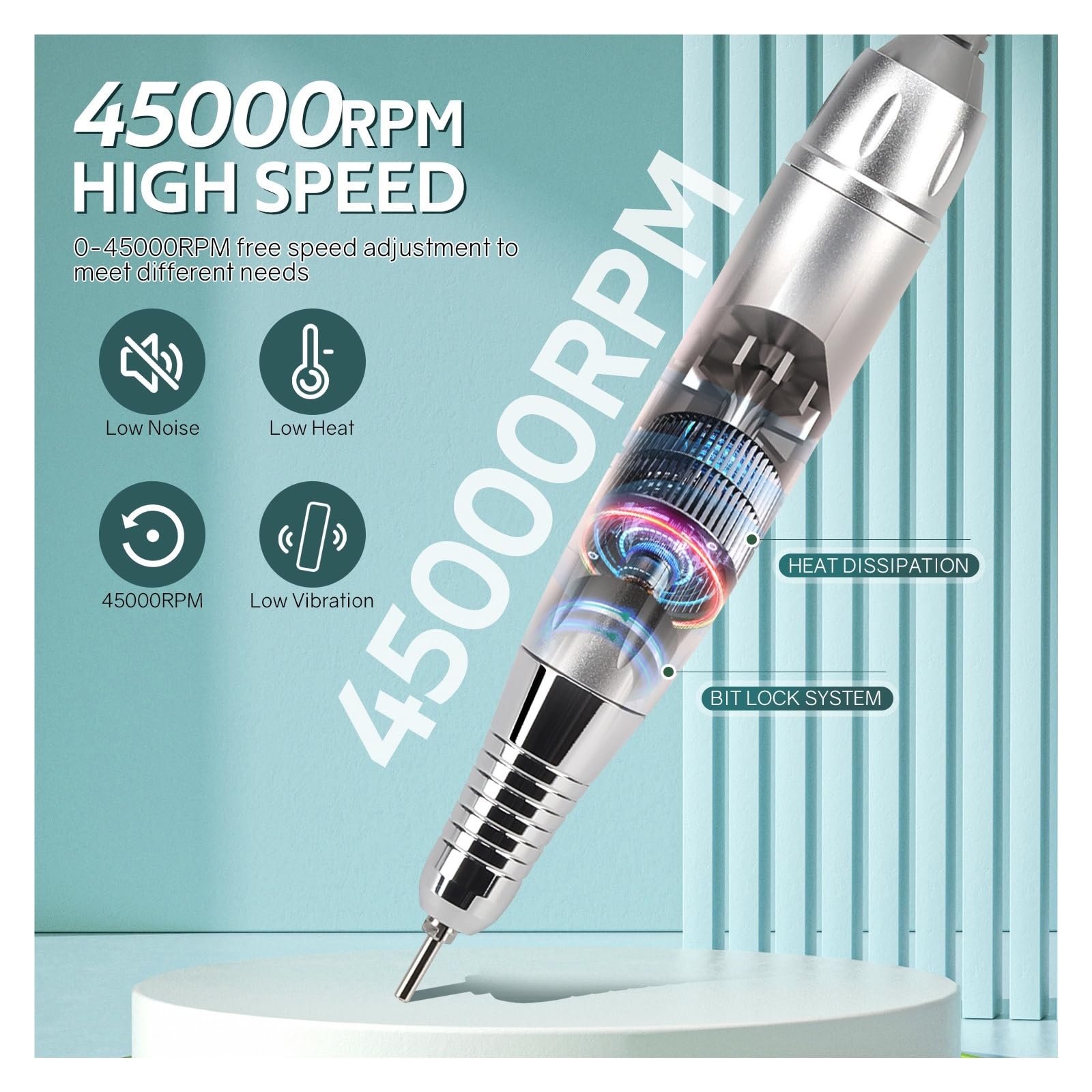 Nagelfräser, 45000 U/min Nagelschleifer-Set, Mühle for Maniküre mit LED-Anzeige, geräuscharmer elektrischer Maniküre-Bohrer(Green)