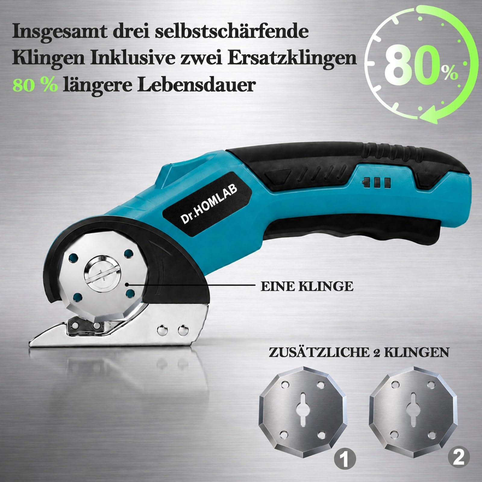 Kartonschneider, Elektrische Schere, Teppichschneider, Kabelloser Rollschneider mit 4,2V Wiederaufladbarem, 3 Selbstschärfenden Klingen, LED-Licht für Stoff, Papier, Karton, Teppich, Leder - Blau