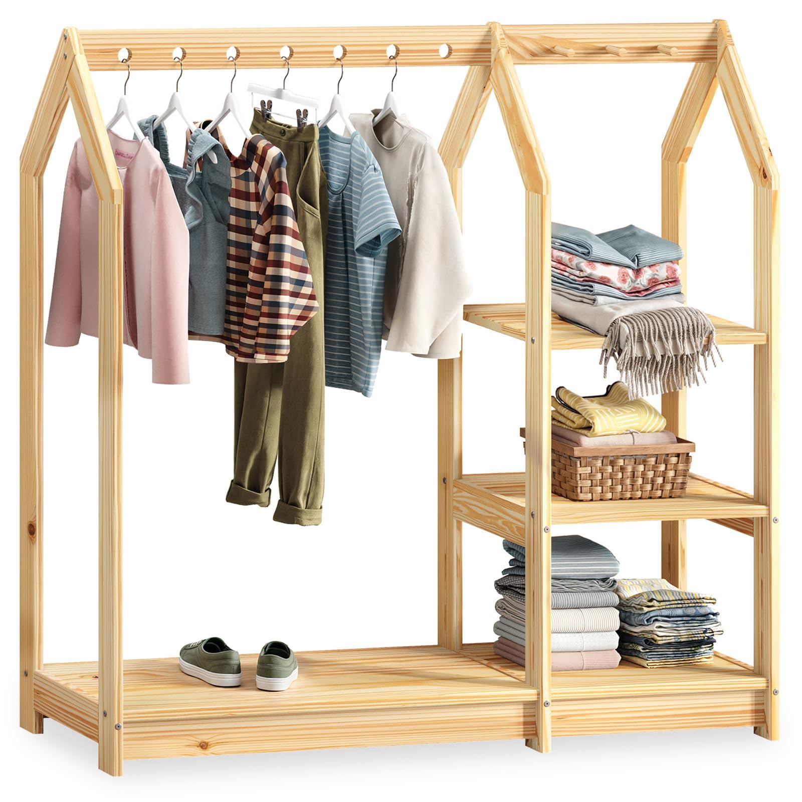 IDIMEX Penderie Enfant Sally H 120 cm en Bois Massif Coloris Naturel avec Étagères, Portant Enfant Montessori Dressing avec Tringle à Vêtements et Tablette Inférieure