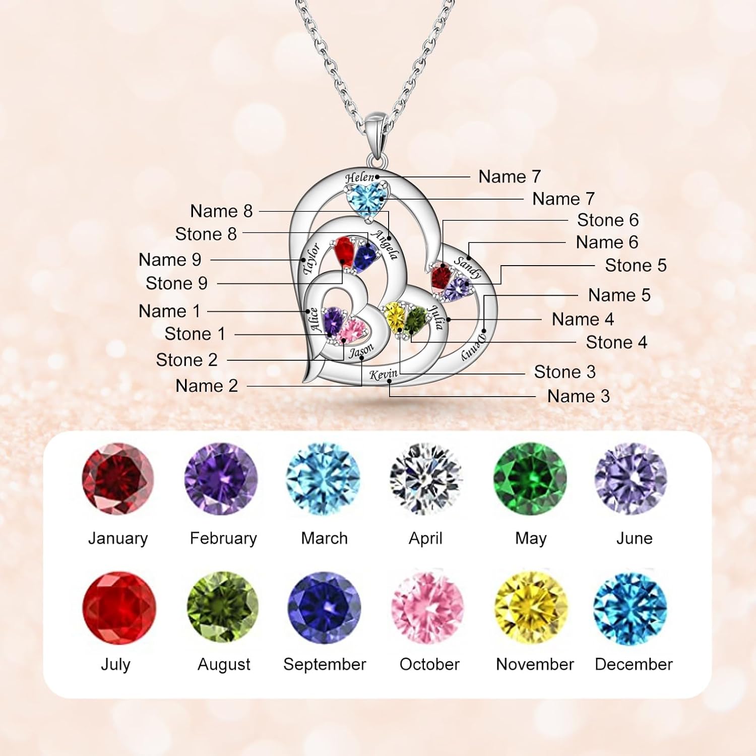 MissNaNa Custom Mothers Necklace with 1-10 Birthstones S925 Sterling Silver Personalized Birthstone Necklaces for Women Name Engraved Family Pendant Necklace for Mom Grandma Christmas