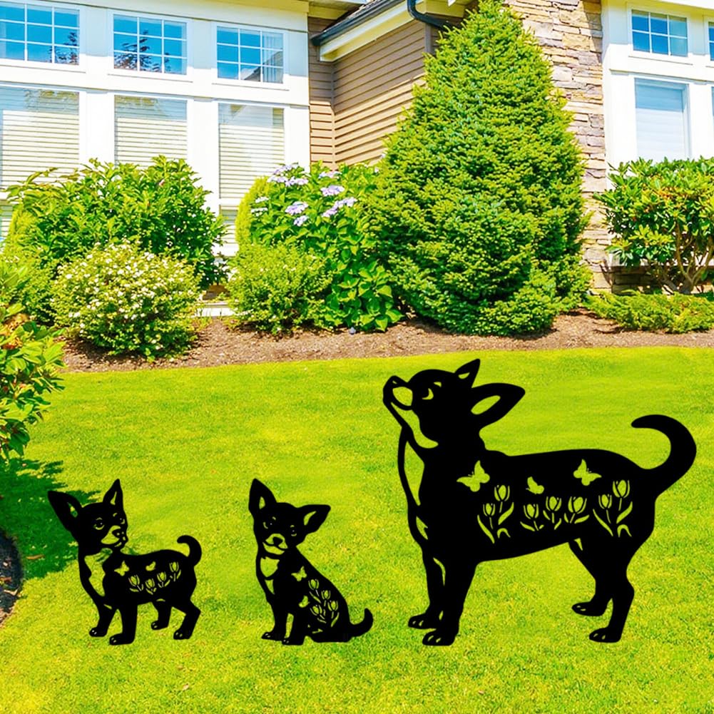 QBMYCN Chihuahuas-Gartenstecker aus Metall,3er-Pack Schwarze Chihuahuas-Silhouette Statue,für Hof Garten, Rasen, Outdoor-Dekoration. Geschenk für Chihuahuasliebhaber.
