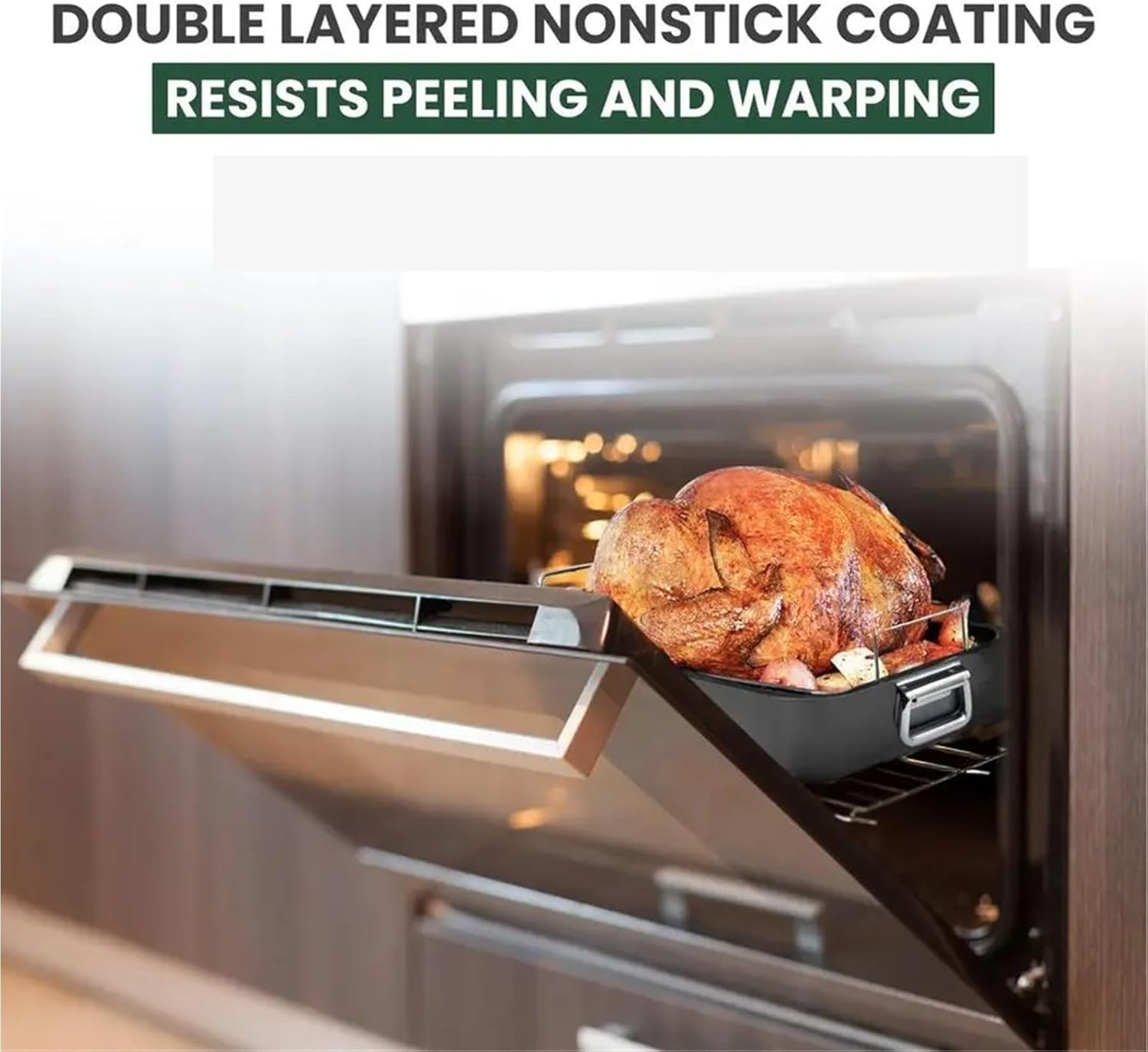 12 X 16 Non-Stick Roasting Pan with Flat Rack Foldable Handles Oven Roaster Pan for Food Elevation