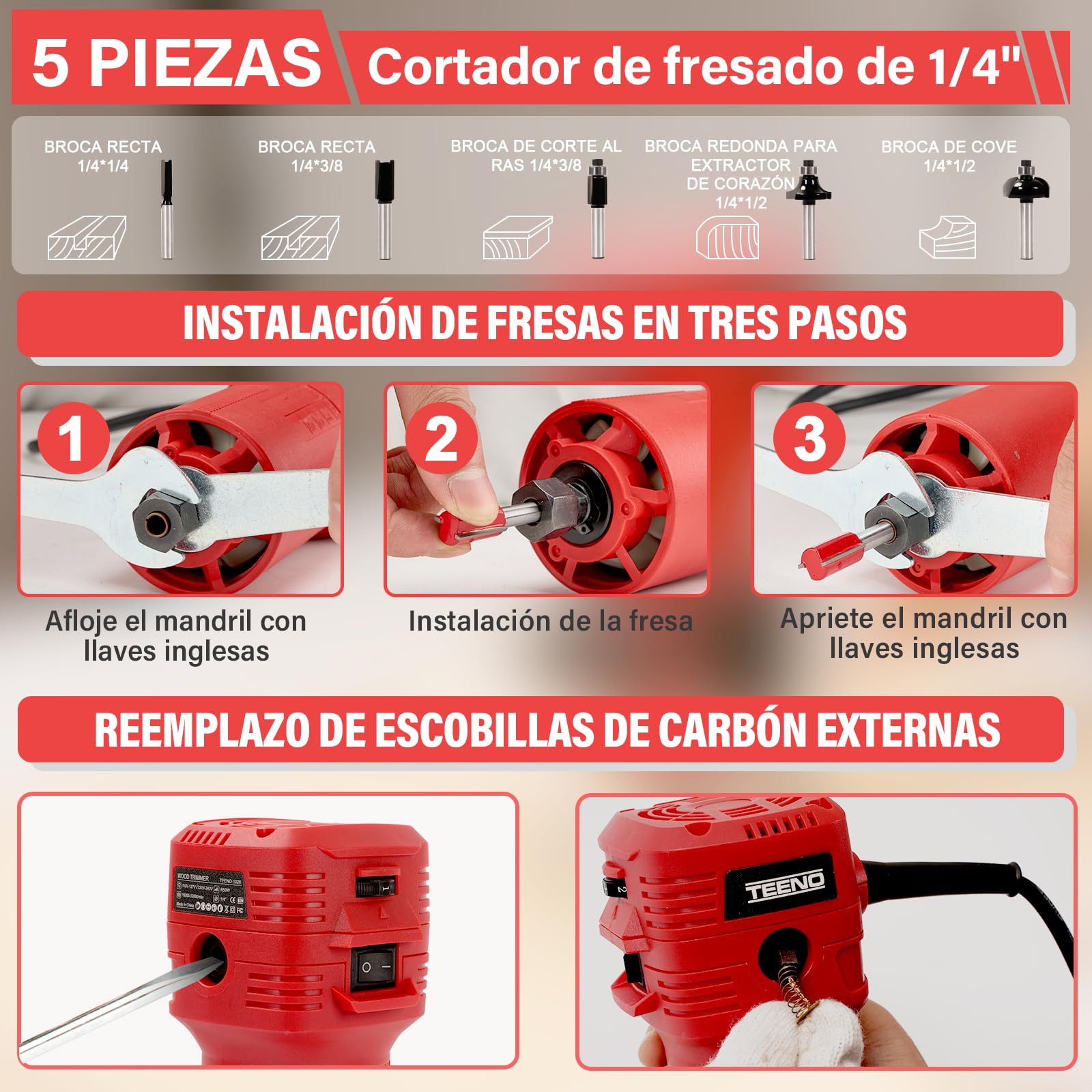 TEENO Fresadora De Madera Rebajadora Eléctrica 800W 15000-32000 RPM CON EXTRACTOR DE POLVO, 6 Velocidades Variables, 5 piezas Alicates de 1/4'',Pinza De Base Fija De 6/6.35MM