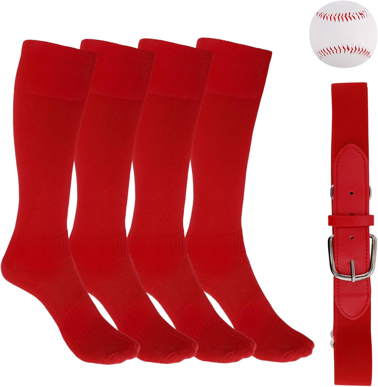 Youth Baseball Socks, Belt and Ball Set, Kids Softball Soccer Rugby Football Knee High Socks Adjustable Belt & Baseball for Boys Girls (Red, M)