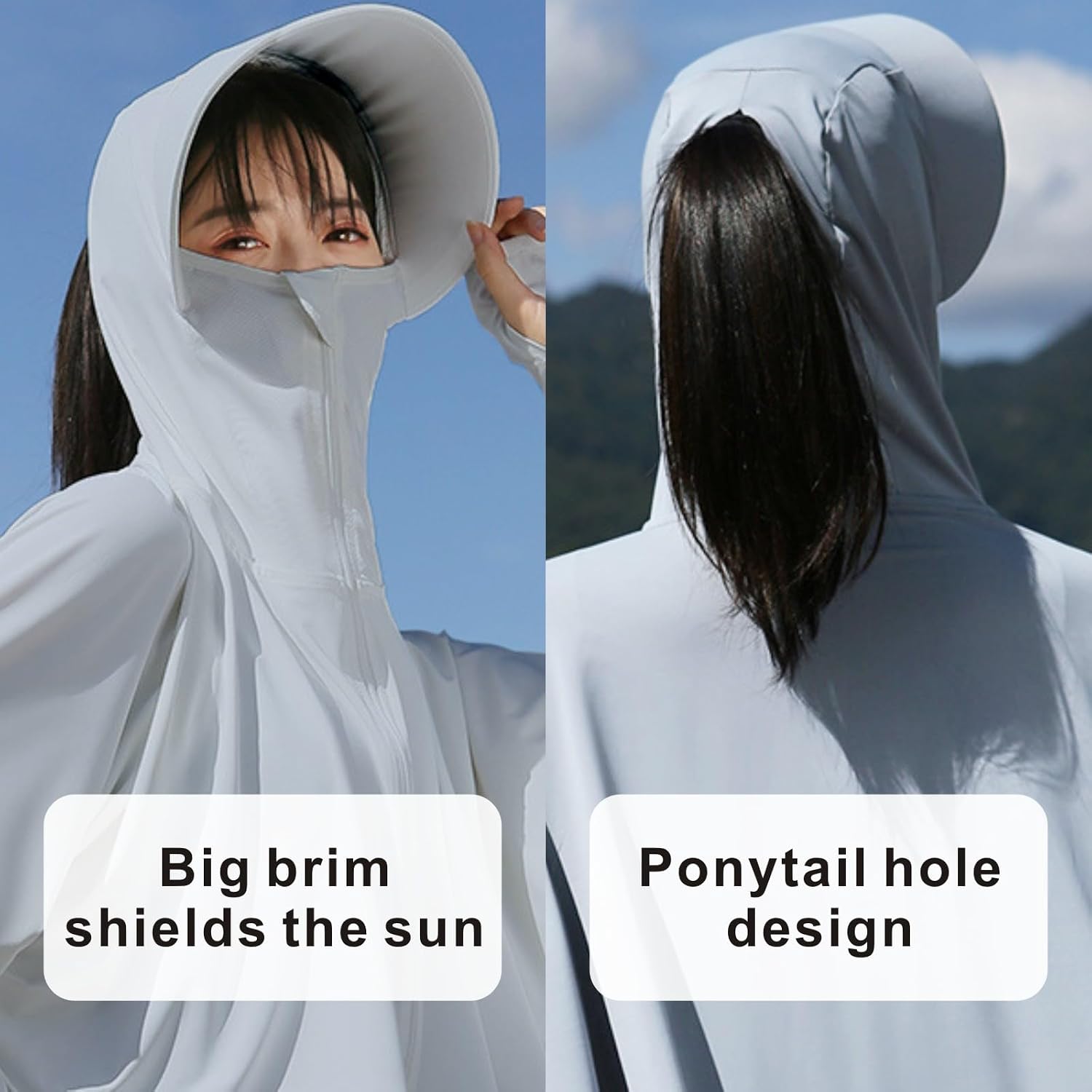 Womens UPF 50+ Sun Hoodie Shirts with Mask and Brim,Long Sleeve UV Protection Ice Silk Sunscreen Clothes