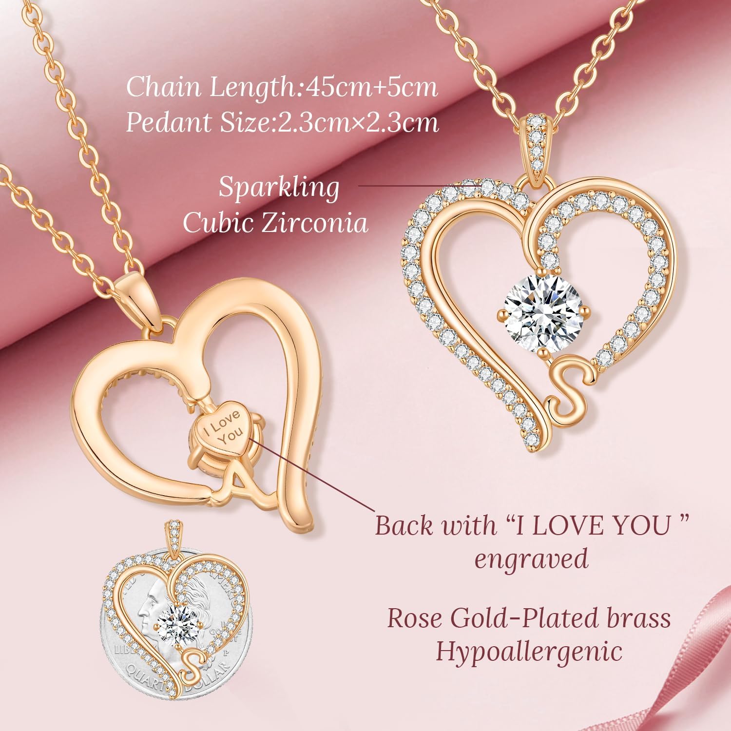 CDE Initial Necklaces for Women, Rose Gold A-Z Letter Heart Pendant Jewelry Gifts for Wife Mom Girlfriend Lady Her - Image 4