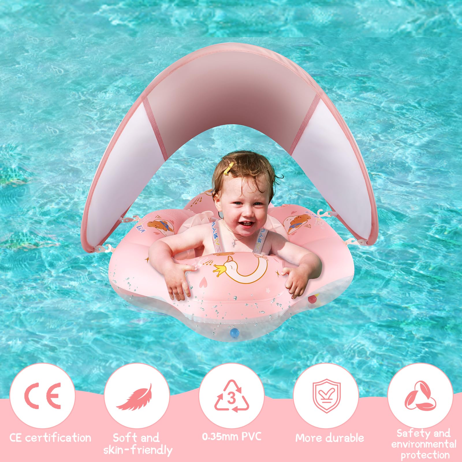 WYRIAZA Salvagente Neonato con Parasole | Ciambella Neonato Mare SPF 50+ | Salvagente 5-8Kgs Aggiornato con Sfera di Equilibrio per Evitare Il Ribaltamento (S 3-12 Mesi)