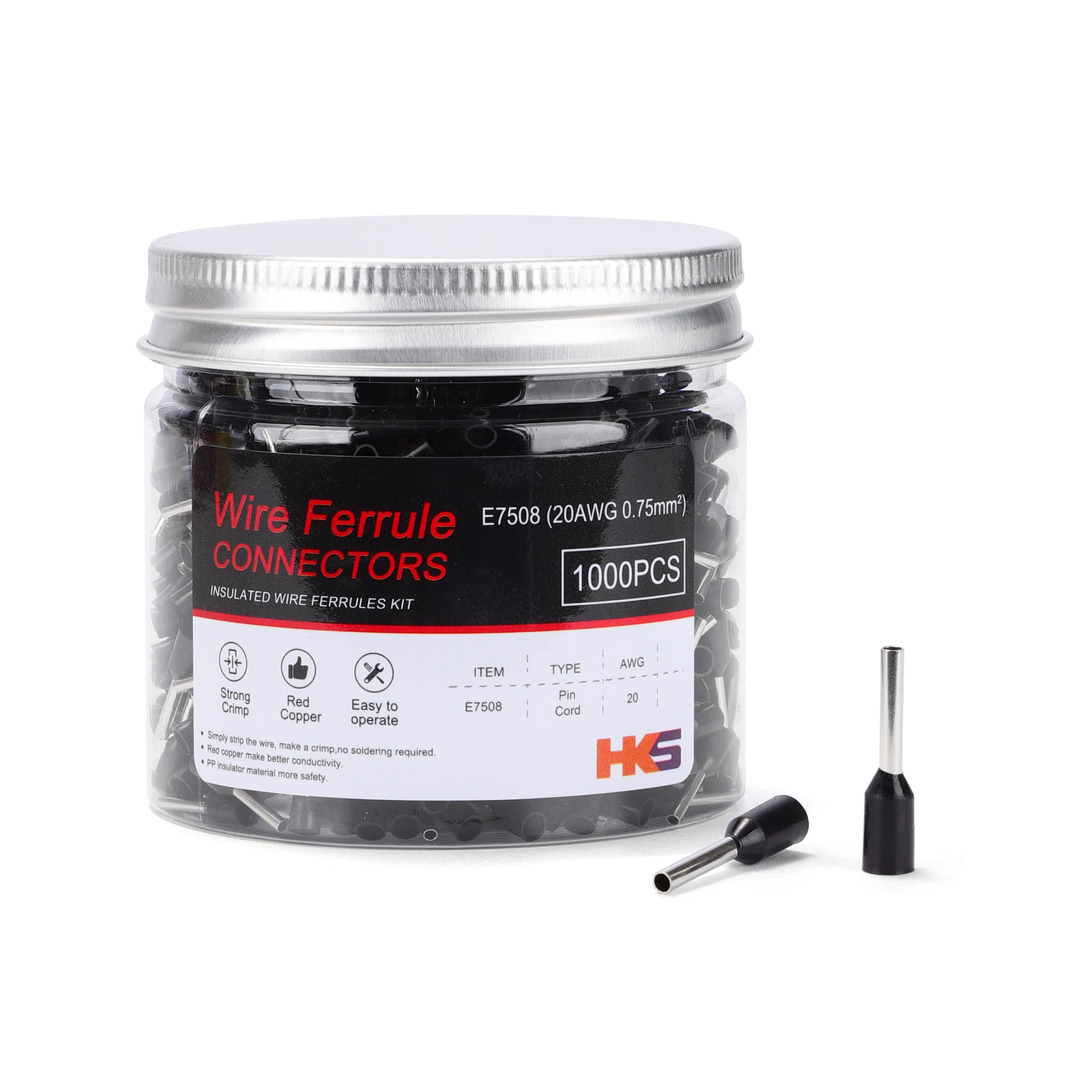 HKS 1000PCS Wire Ferrule Connectors - AWG 20-0.75mm² Copper Barrel Pin Cord Ends Insulated Ferrules Terminals - E7508 Black