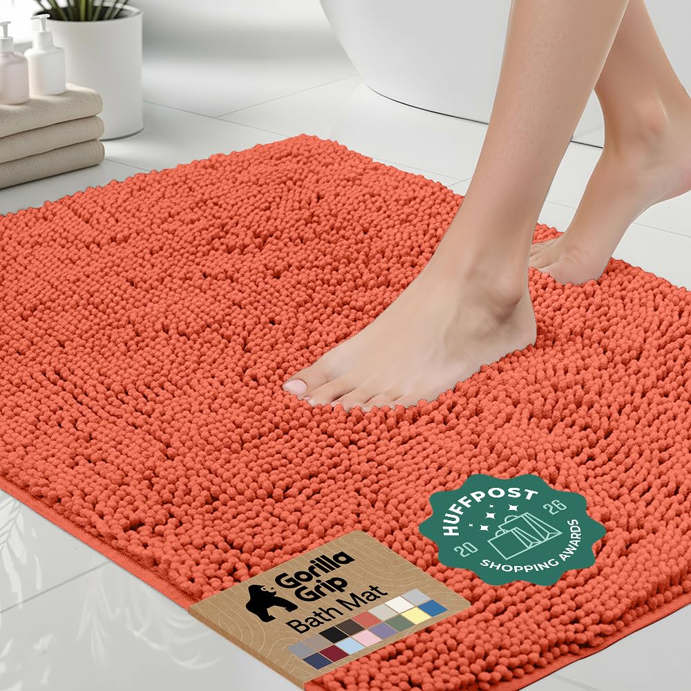 Gorilla Grip Original Luxury Chenille Bathroom Rug Mat, 60x24, Extra Soft and Absorbent Shaggy Rugs, Machine Wash Dry, Perfect Plush Carpet Mats for Tub, Shower, and Bath Room, Coral — image 1