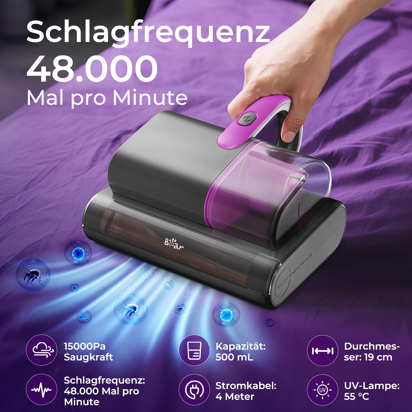 Bear Milbensauger für Matratzen,15kpa Absaugung 35000RPM, Milbenstaubsauger mit UV-C Licht, bekämpft Bettwanzen,entfernt 99,9% der Bakterien, Allergene,4m Kabel