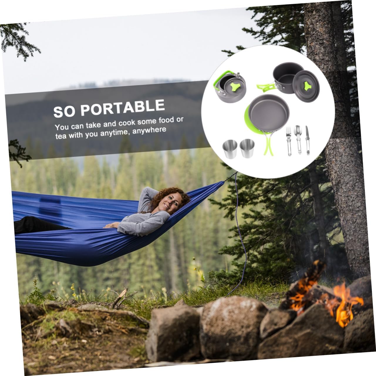 1set Non-Stick Camping Cookware Set Portable Cooking Utensils for People Lightweight and Compact Outdoor Cooking Supplies Kit Green