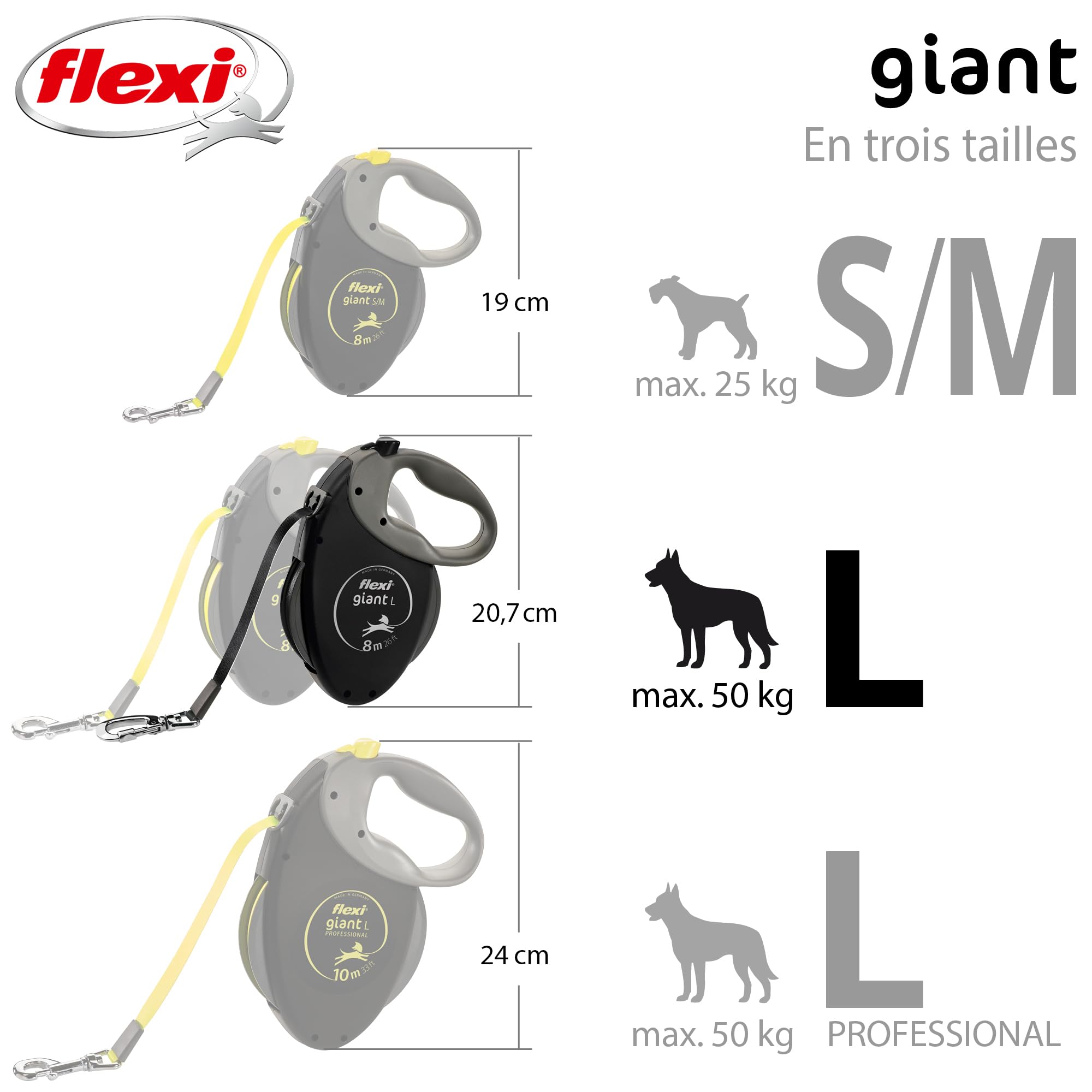 Flexi, Laisse Chien Enrouleur Giant Plus 8m, Chiens Forts et Costauds Jusqu'à 25 Kg, Visibilité Accrue Sangle Couleur Néon, Système de Freinage Robuste et Ergonomique, Made in Germany - M - 8m - 25kg
