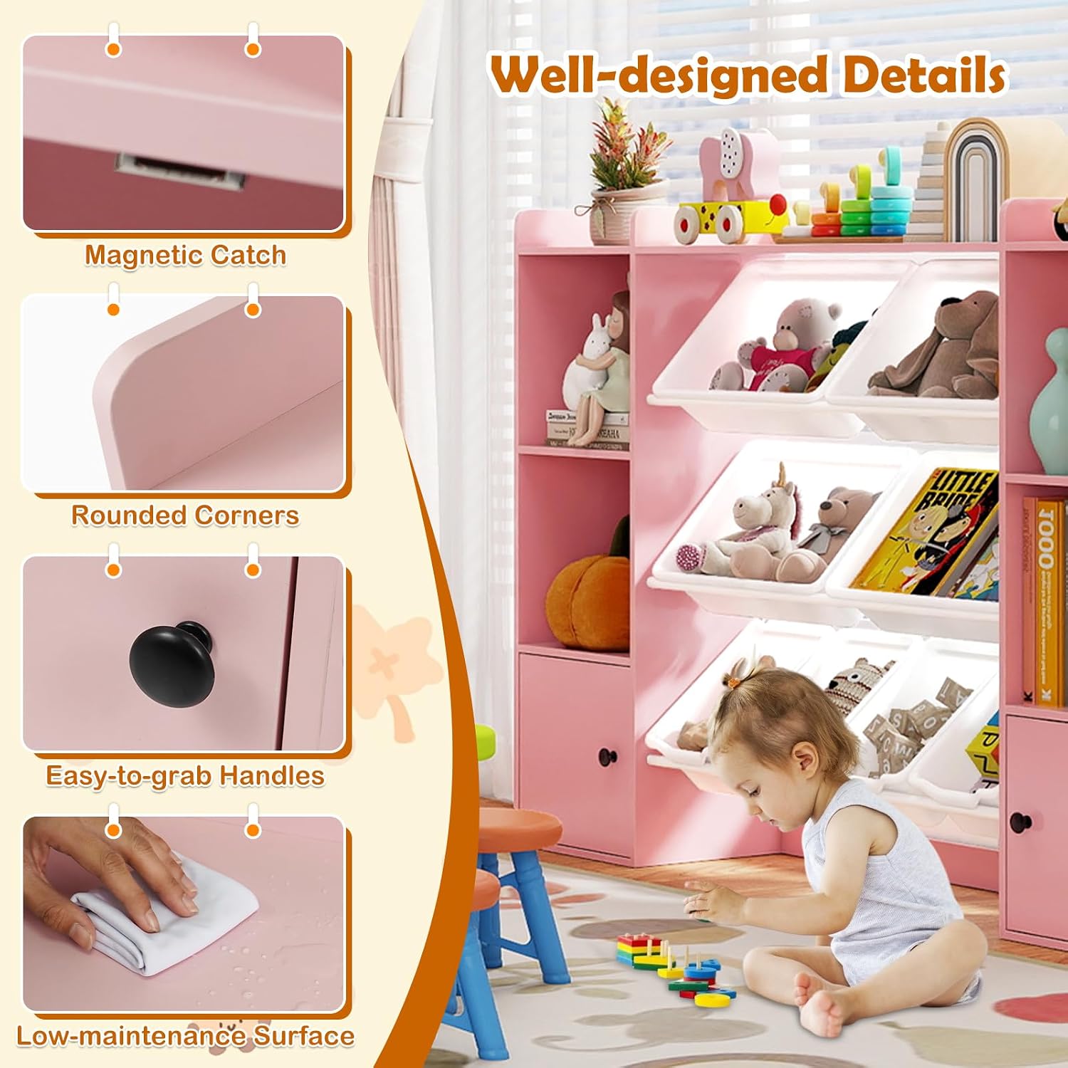 KOTEK Toy Storage Organizer with Shelf, 4-Tier Storage Box for Boys Girls with 8 Removable Bins, 4 Cubbies & 2 Cabinets, Kids Bookshelf and Toy Storage for Playroom, Living Room, Nursery (Pink)