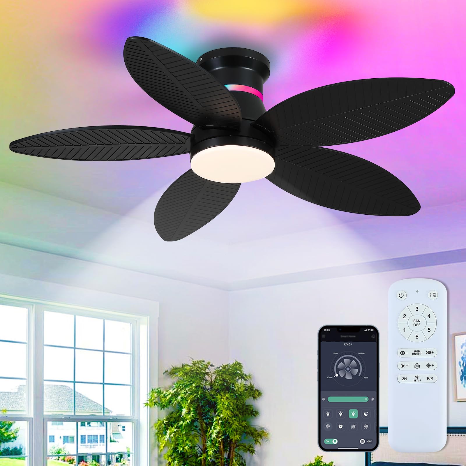 Surtime 46" Black Ceiling Fans with RGB Lights - Flush Mount Ceiling Fan Light with LED 3CCT Dimmable, Tropical Palm Leaf Ceiling Fans for Indoor Party,Covered Outdoor