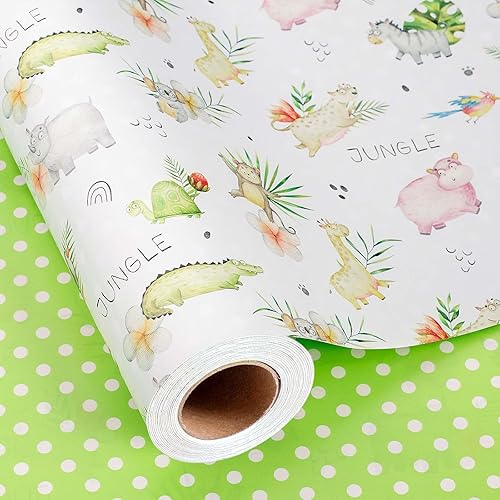 Burymento Papel de regalo de animales, diseño reversible de lunares, envoltura de regalo para baby shower, cumpleaños, San Valentín, día de la