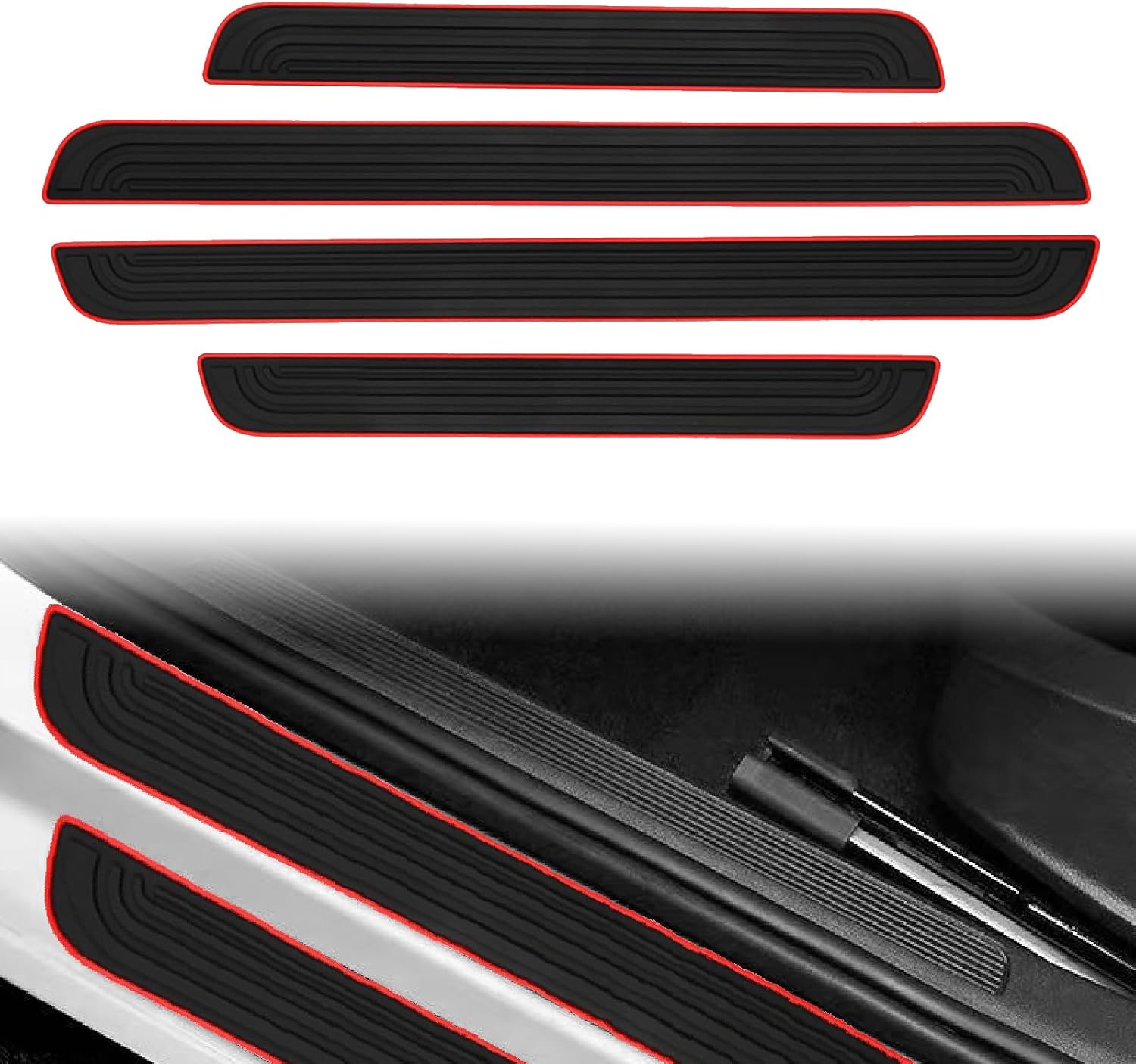 4 Pieces Universal Car Door Sill Protectors Anti Scratch and Waterproof Door Edge Guards for Car Truck SUV PVC Threshold Protector Cover Black with Red Edge