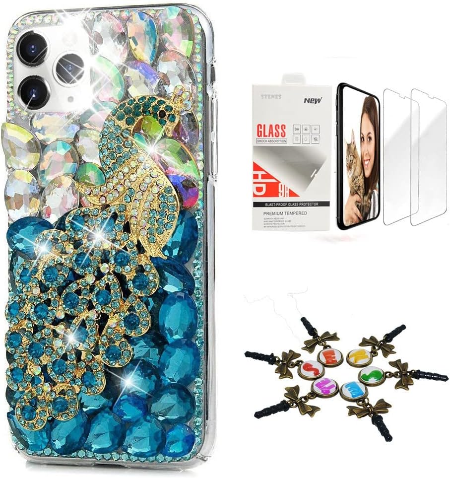 Sparkle Case Compatible with iPhone 16 Pro Max - Stylish - 3D Handmade Bling Peacock Crystal Rhinestone Glitter Cover Case with Screen Protector [2 Pack] - Blue