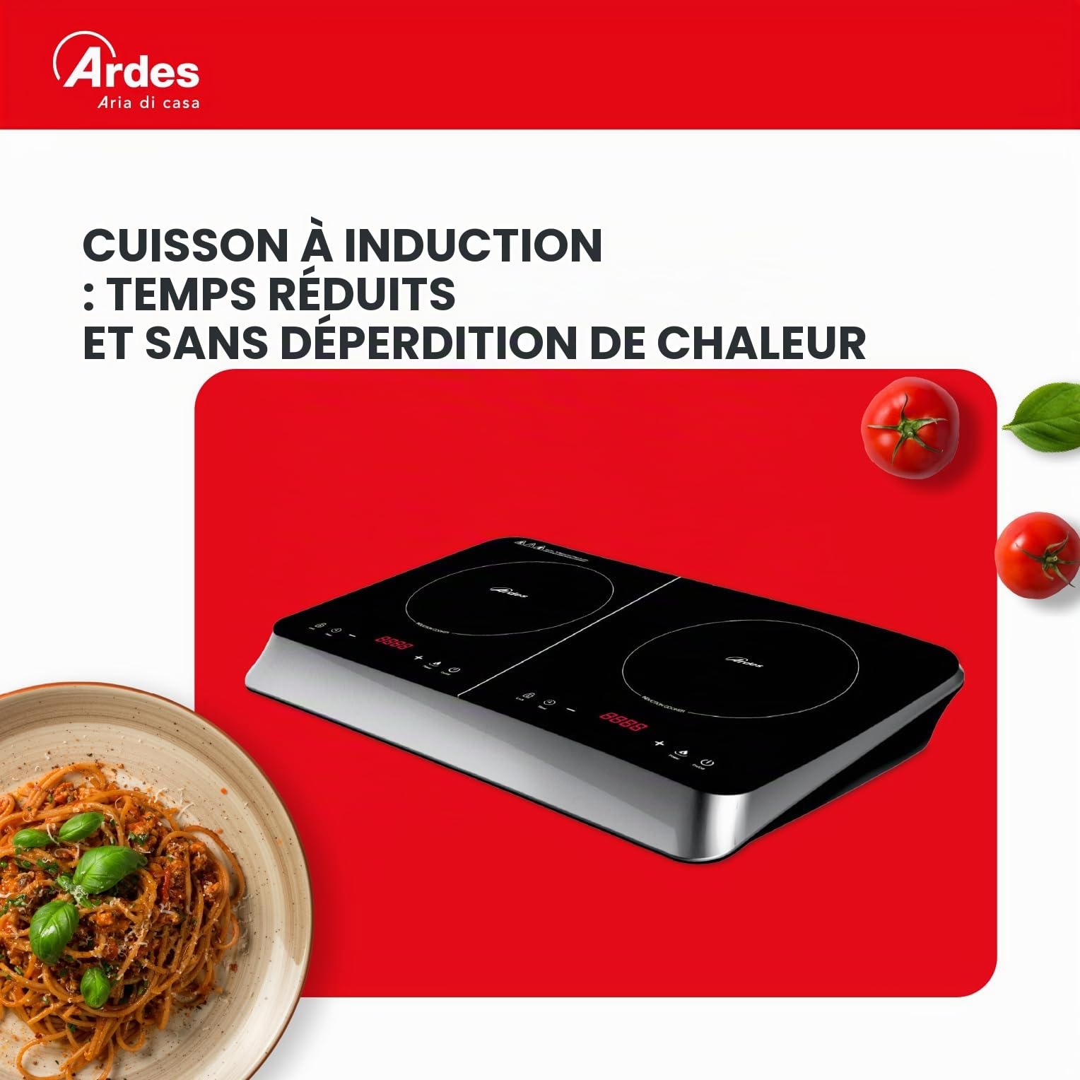 ARDES - Cuisinière électrique avec 2 plaques à induction Différentes puissances 2000 et 1500 Watts Affichage numérique Température jusqu'à 240 degrés Modèle AR1F602 Couleur Noir