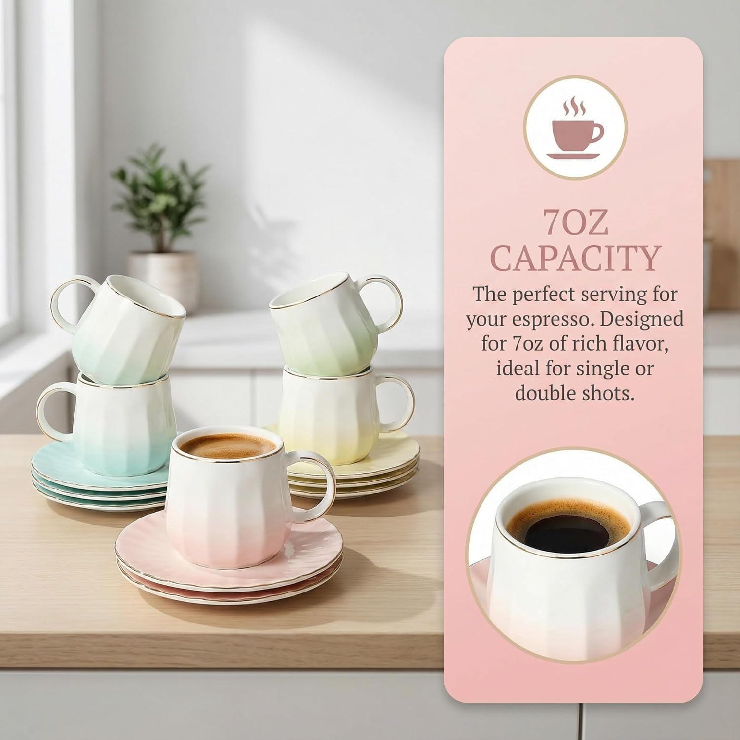 Ceramic Espresso Cups and Saucers Set of 4, 7oz Porcelain Cups for Coffee, Tea, Cappuccino and Various Drinks with Elegant Gold Rim(Pink)