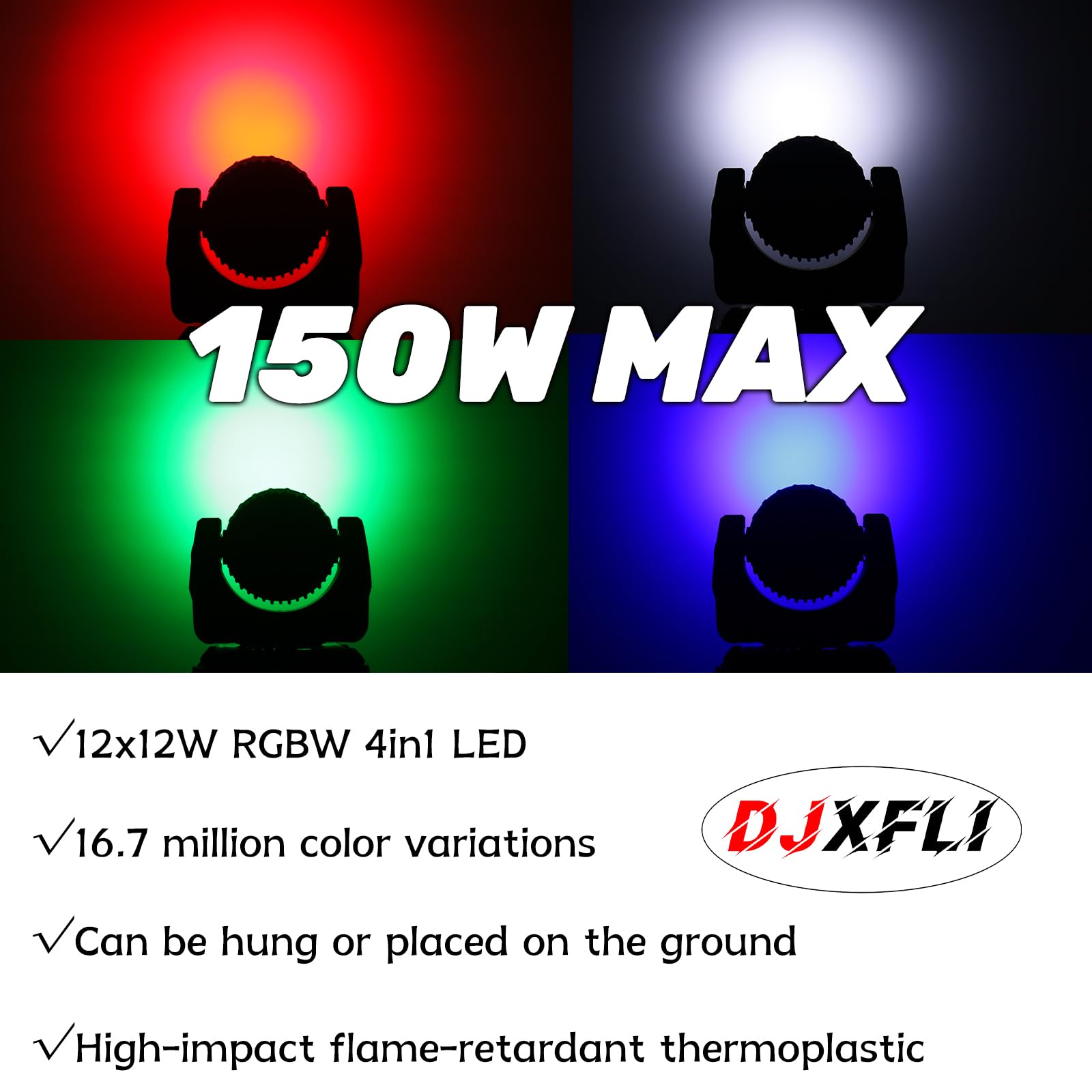Lot de 2 faisceaux lumineux à tête mobile 12 x 12 W LED RGBW 4 en 1 professionnel DMX 512 effet stroboscopique activé par le son pour DJ, discothèque, karaoké, bar