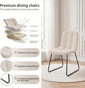 JIEXI Expandable Dining Table and 6 Chairs Set Grey Placemat with Beige Flannel Upholstered Chairs Dining Room Furniture for Living Room Office