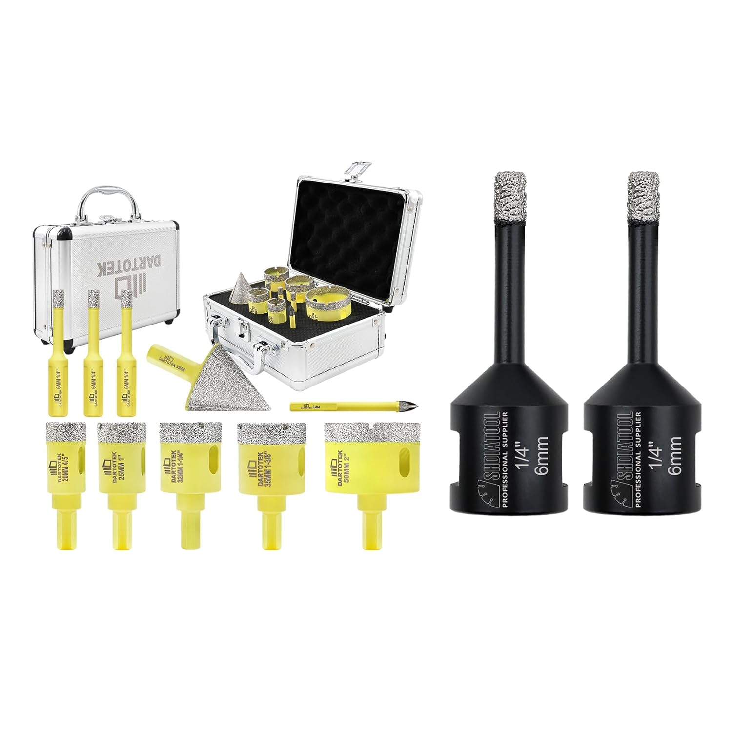 Diamond Core Drill Bits Set 10PCS - DARTOTEK Tile Hole Saw Kit (6/6/6/20/25/32/35/50mm/1 3/8"/6mm for Porcelain, Ceramic Tile, Granite, Marble, Masonry
