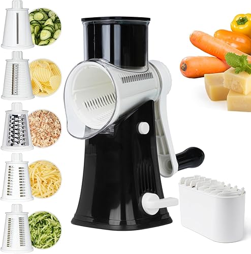 Miniatura 8 de Rallador de queso giratorio, triturador manual de queso con 3 cuchillas intercambiables, rallador de queso con manivela de mano con base de succión