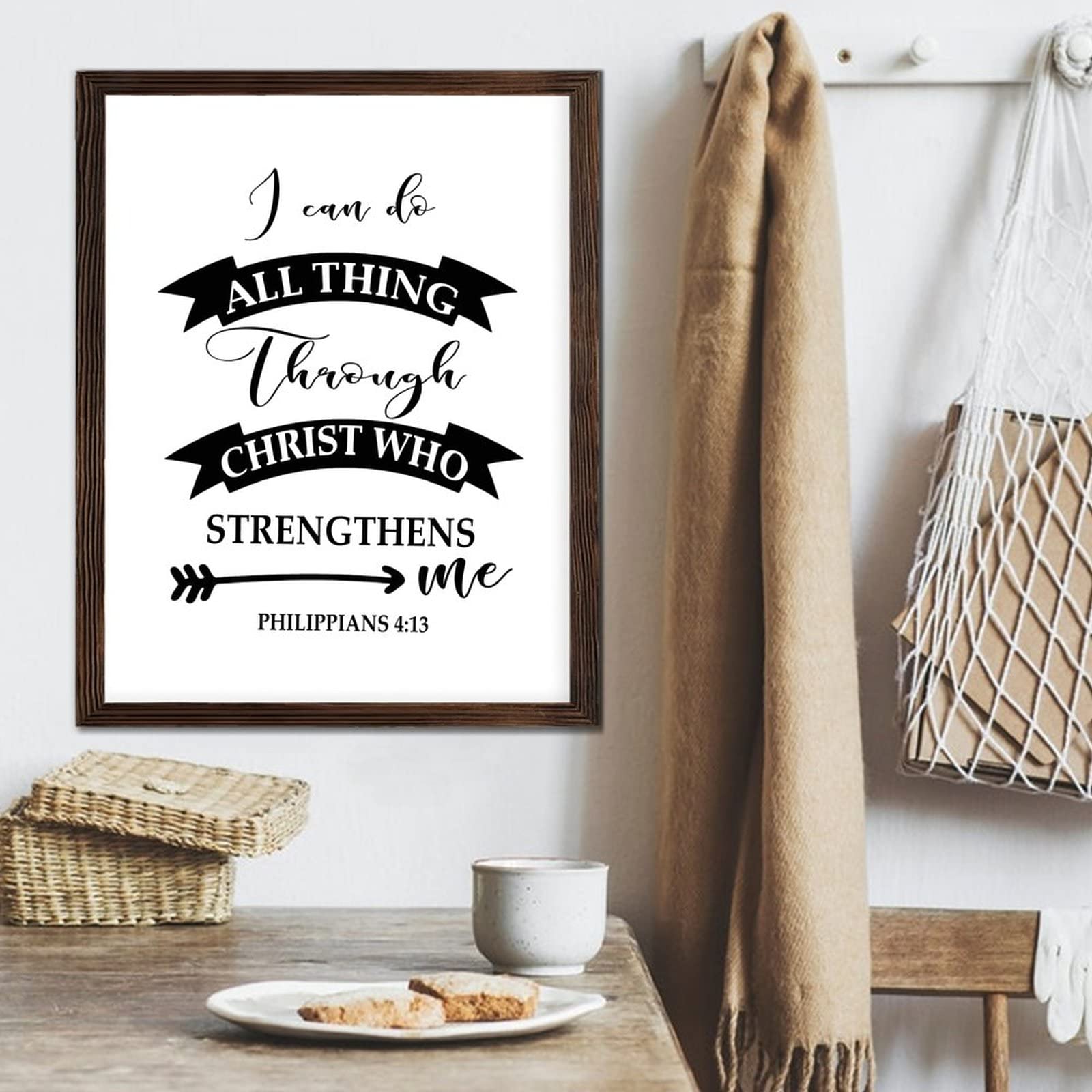 Letrero enmarcado de madera con frases inspiradoras para pared, decoración de pared con texto en inglés ''I Can Do All Thing Through Christ'', letrero de madera rústica para colgar en la pared,