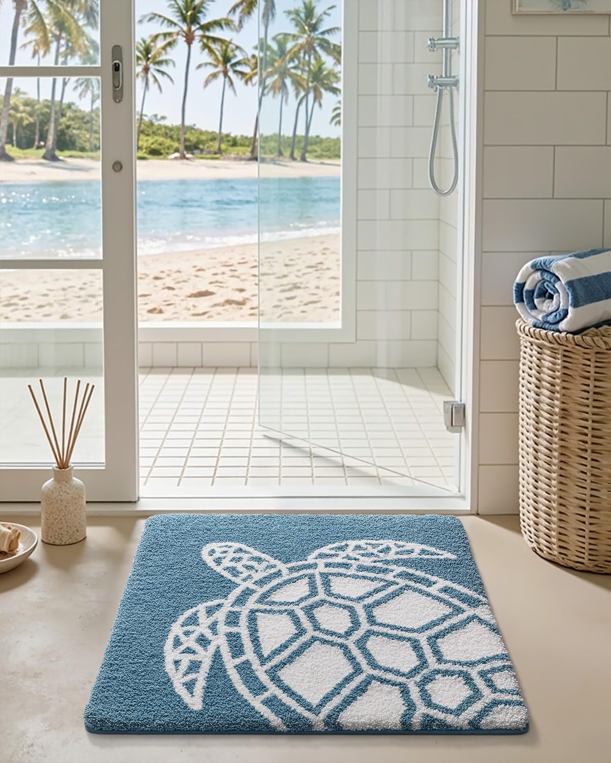DEXI Ocean Sea Turtle Bathroom Rug, Square Bath Mat 31x31, Cute Funny Animal Bath Rugs, Non Slip, Washable, Absorbent, Soft Microfiber Bathmat for Shower Floor, Blue and White