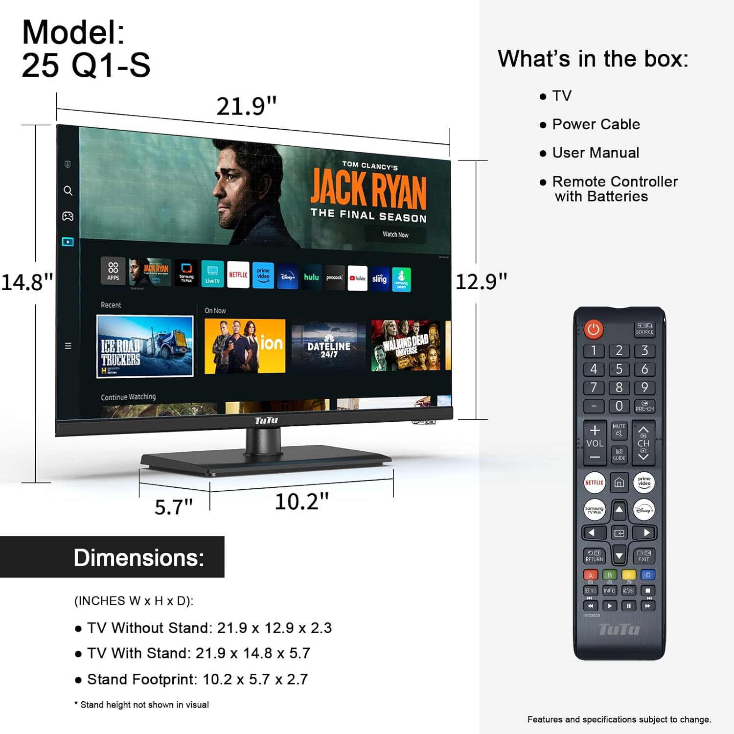 TuTu 25-inch Smart TV with remote control and dimensions overlay.