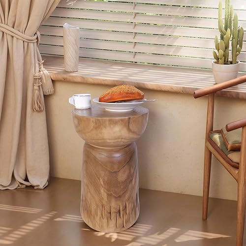 Miniatura 8 de Athaliah Mesa auxiliar de madera, mesa auxiliar de madera rústica tallada a mano de 19 pulgadas, mesa auxiliar redonda de madera de paulownia