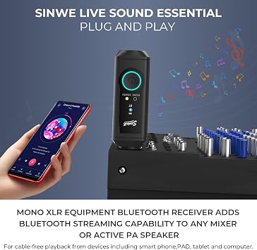 SINWE XLR Bluetooth Receiver, BT5.3 24bit/48kHz Hi-Fi Audio | Wireless Adapter for Mixing Console Desk, Audio Mixers, PA Speakers, DJ Systems, 165ft Range, 15H Battery Life