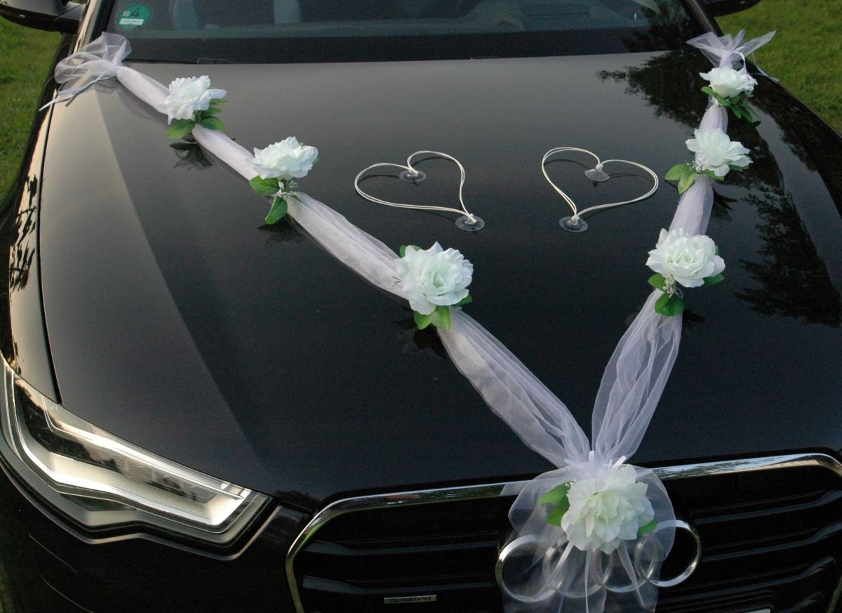 Autoschmuck Organza M + Hearts Wedding Car Decoration, Rose Decoration, Bride and Groom, Decorative Rattan Garland Weiß / Weiß / Weiß - Image 3