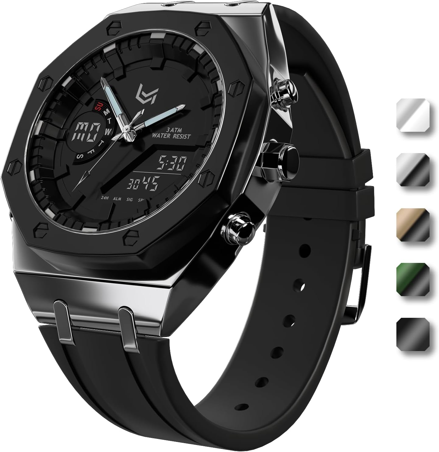 VERULEANMens Watches Military Watch for Men Japanese Movement Multifunctional LED Alarm Stopwatch Stainless Steel Waterproof Sport Watch 2 Time Zones Analog Digital Watch