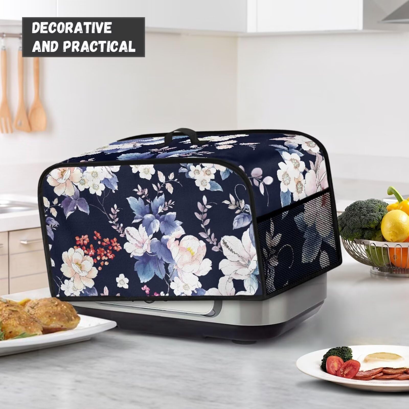 Annejudy Vintage Floral Slow Cooker Dust Cover Stain Resistant Oval Slow Cooker Cover with Handle and Side Pockets for Storage Small Appliance Accessories, for 6-8 Qt Slow Cookers
