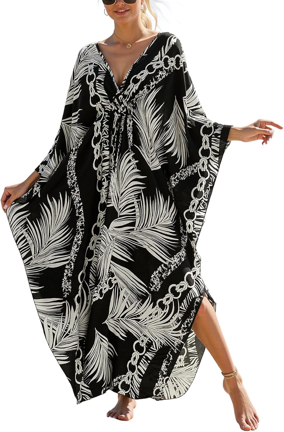 ELSCIRW Women's V-Neck Kaftan - Plus Size Moo Moo Dresses, Casual Mumu Beach Cover Up for Tropical Vacation