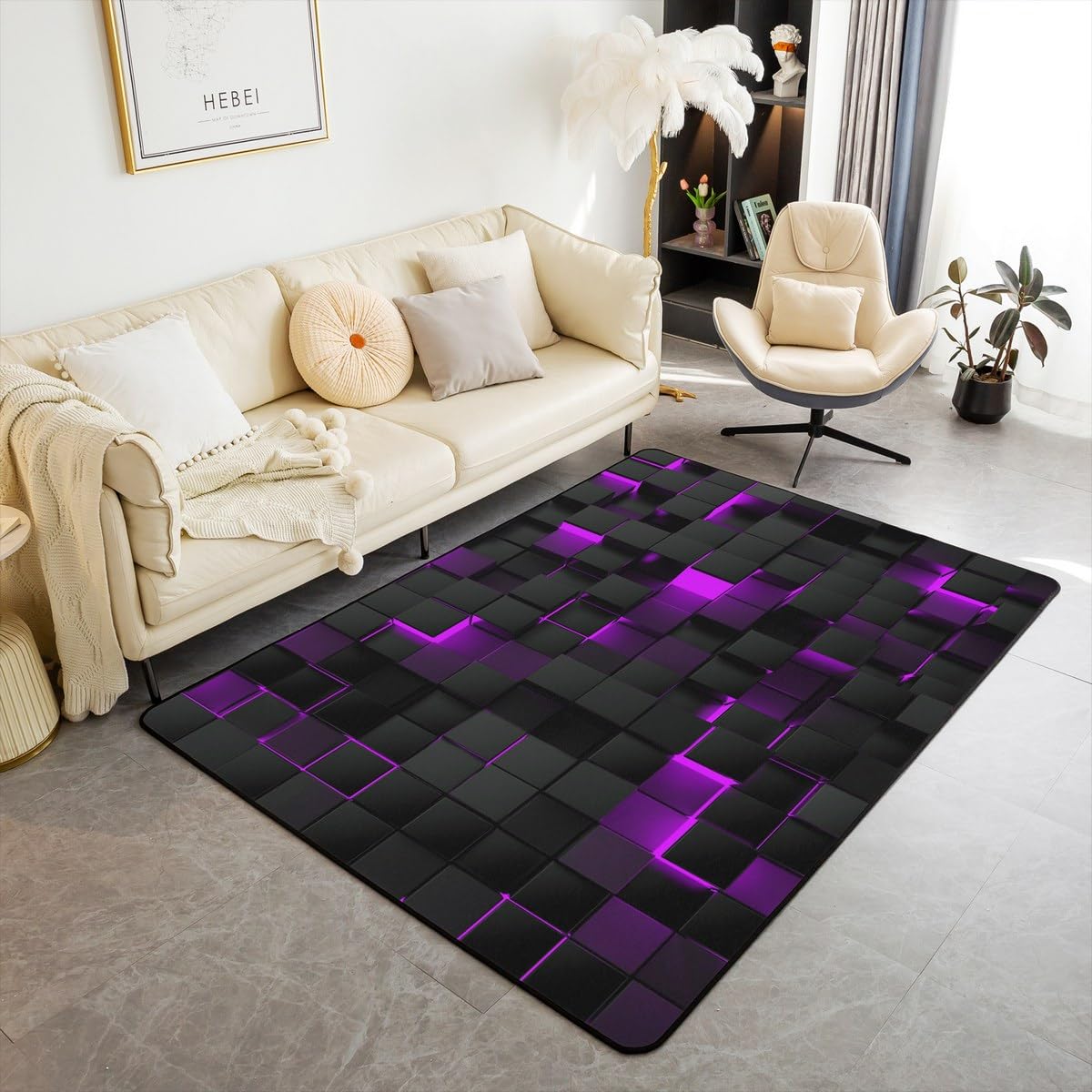 Erosebridal Neon Black Purple Area Rug 5x7 Abstract Geometric Grid Checkered Rug for Kids Girls Teen Women Glowing Stereoscopic Plaid Carpet 3D Square