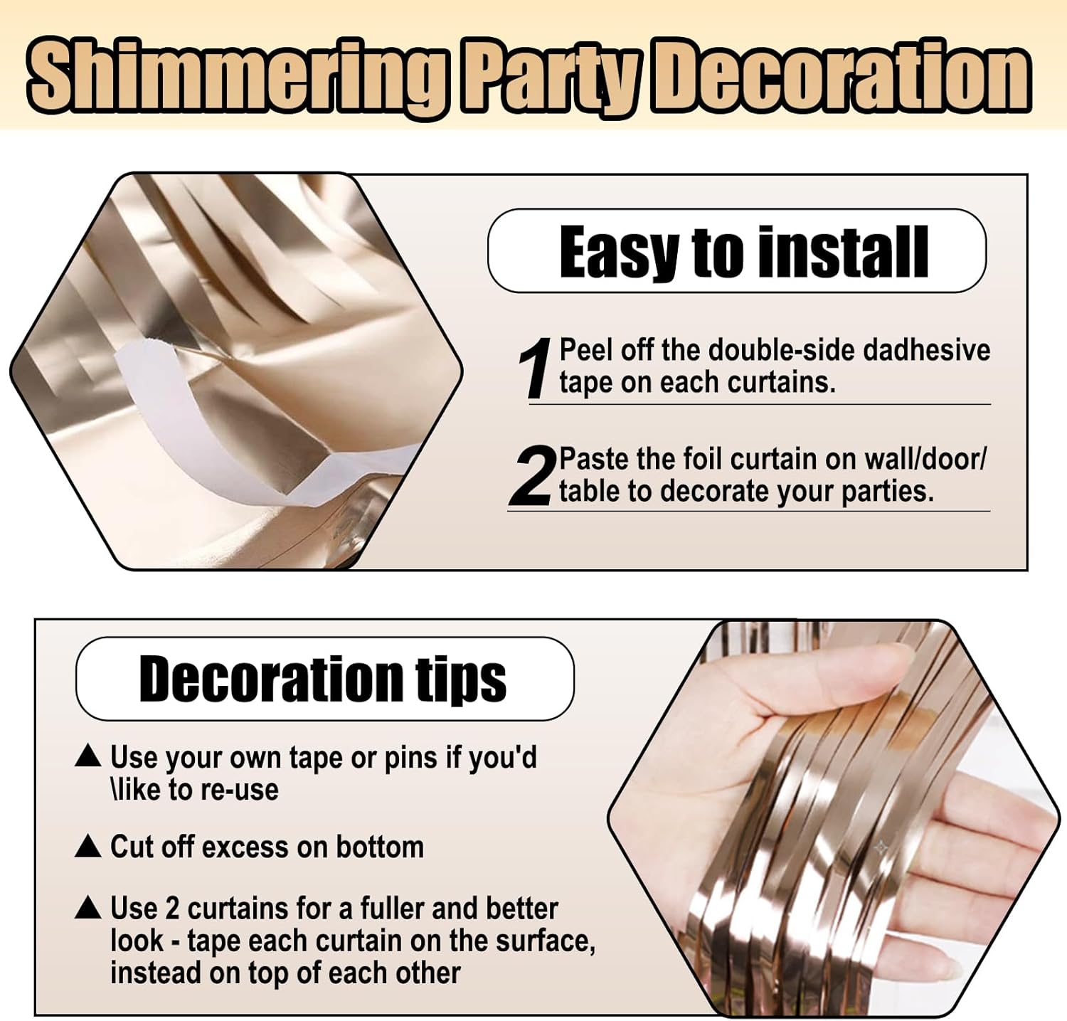 3 Pack Champagne Gold Foil Fringe Curtain Backdrop, 3.28Ft x 8.2Ft Metallic Tinsel Foil Fringe Streamer Curtains for Photo Booth, Christmas Day, Thanksgiving, Wedding, New Year Party Decorations - Image 3