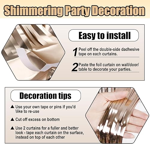 Miniatura 3 de Paquete de 6 cortinas de flecos de papel de aluminio dorado champán, 3.28 pies x 8.2 pies, cortinas metálicas de oropel con flecos para cabina de