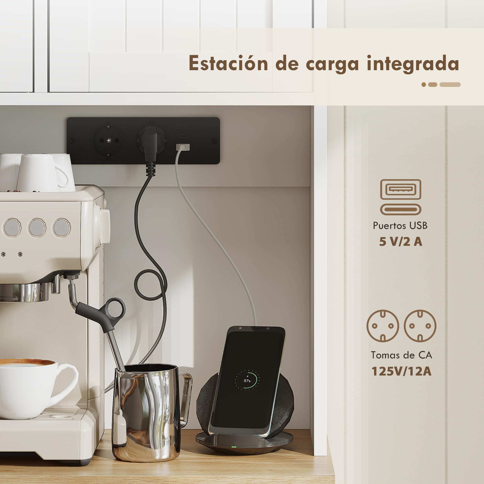 HOMCOM Alacena de Cocina Alta con Estación de Carga 100x40x173 cm Blanco | Mueble Auxiliar de Cocina, 6 Puertas, Cajón, Estantes Ajustables, 4 Estantes para Especias, Encimera Amplio