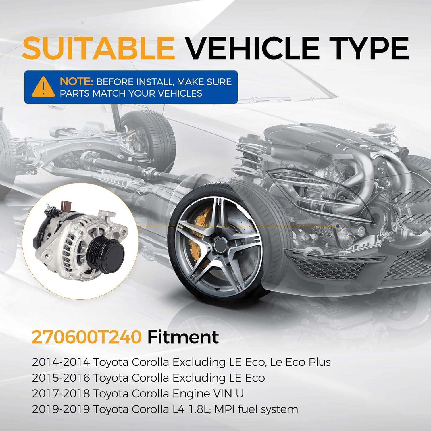 PAROD Alternator 12V 125A Fit for 2014-2019 Toyota Corolla 1.8L L4,CW 6-Groove Clutch Pulley Replace for 270600T240,1042113300