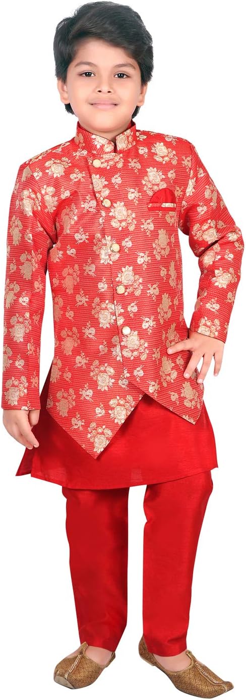 AHHAAAA Kids Ethnic Silk Blend Sherwani Kurta and Pyjama Set For Boys