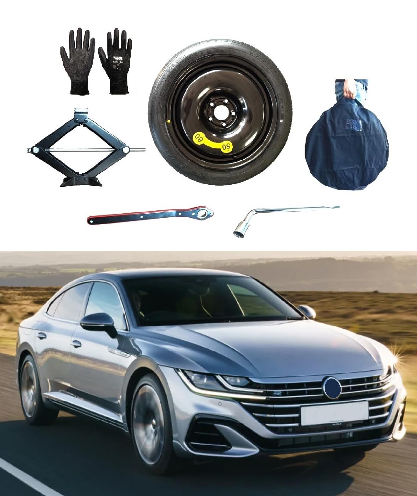 Kit de Rueda de Repuesto 18" compatible con Volkswagen Arteon con Gata, Llave, Guantes y Funda145/80R18